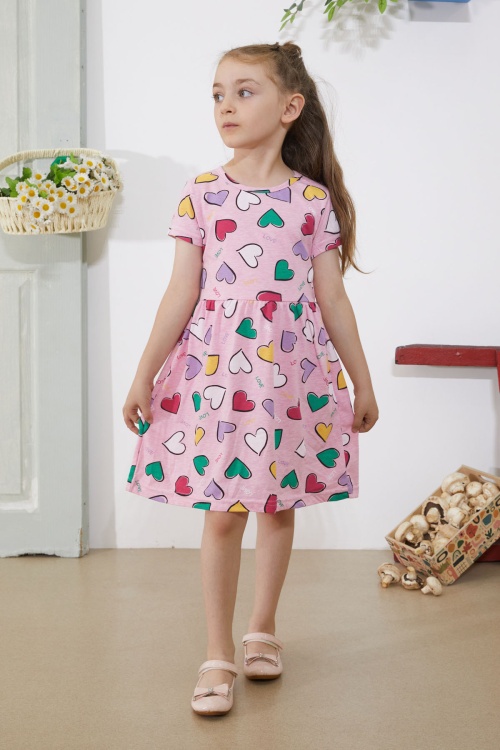 Pembe Kalp Baskılı Kısa Kollu Kız Çocuk Elbise 18779