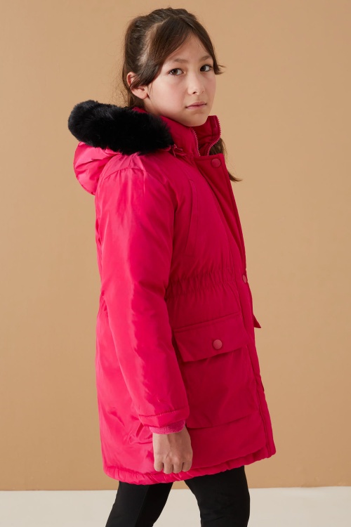 Pembe Kapaklı Cepli Kız Çocuk Kapüşonlu Mont 19063