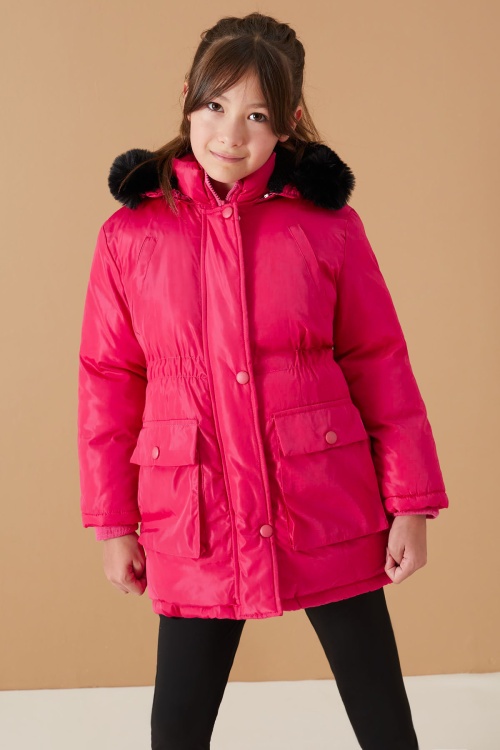 Pembe Kapaklı Cepli Kız Çocuk Kapüşonlu Mont 19063