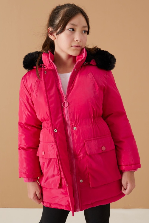 Pembe Kapaklı Cepli Kız Çocuk Kapüşonlu Mont 19063