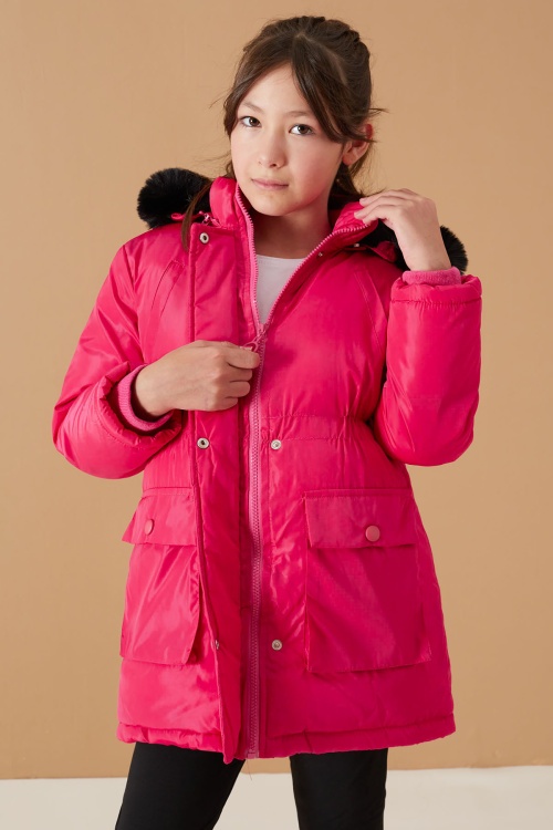 Pembe Kapaklı Cepli Kız Çocuk Kapüşonlu Mont 19063