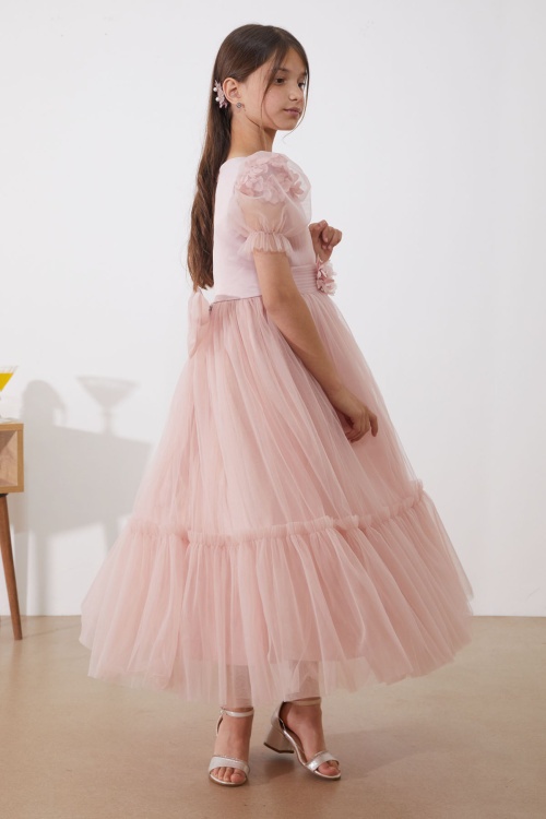 Pembe Kolları Tüllü Çiçek Detaylı Kız Çocuk Abiye Elbise