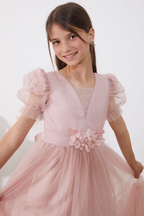 Pembe Kolları Tüllü Çiçek Detaylı Kız Çocuk Abiye Elbise