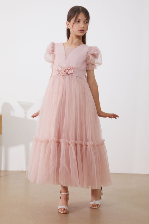 Pembe Kolları Tüllü Çiçek Detaylı Kız Çocuk Abiye Elbise