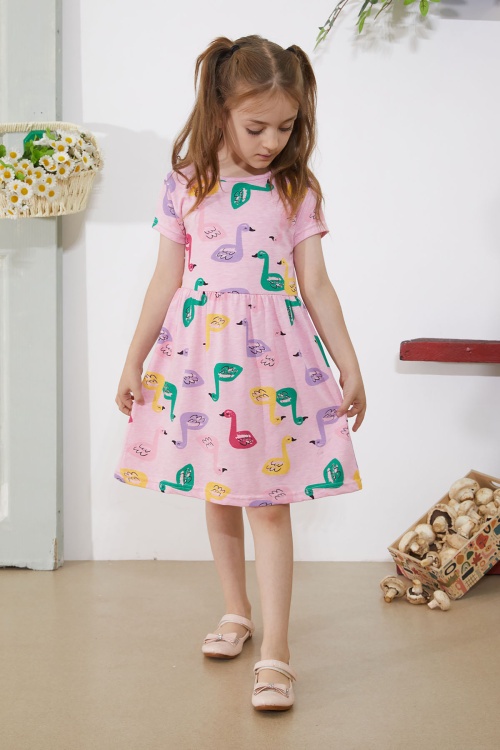 Pembe Kuğu Baskılı Kısa Kollu Kız Çocuk Yazlık Elbise