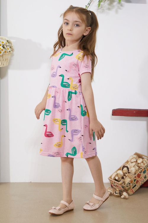 Pembe Kuğu Baskılı Kısa Kollu Kız Çocuk Yazlık Elbise