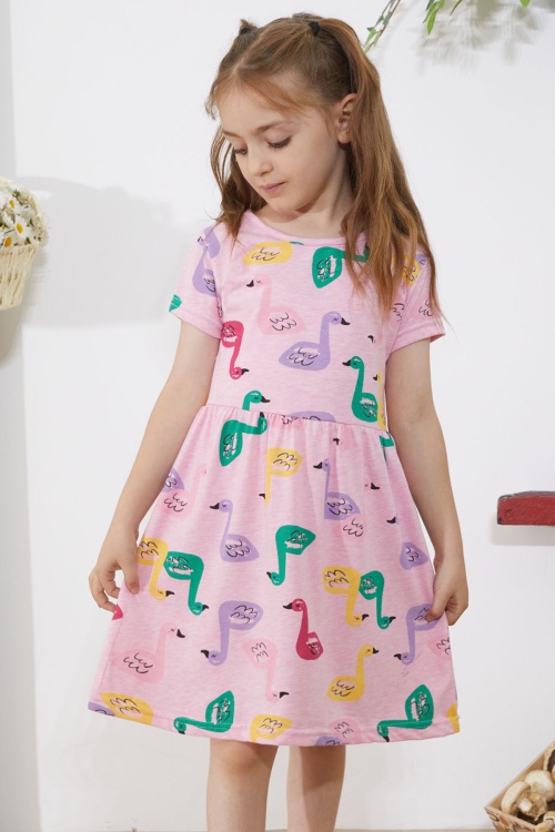 Pembe Kuğu Baskılı Kısa Kollu Kız Çocuk Yazlık Elbise