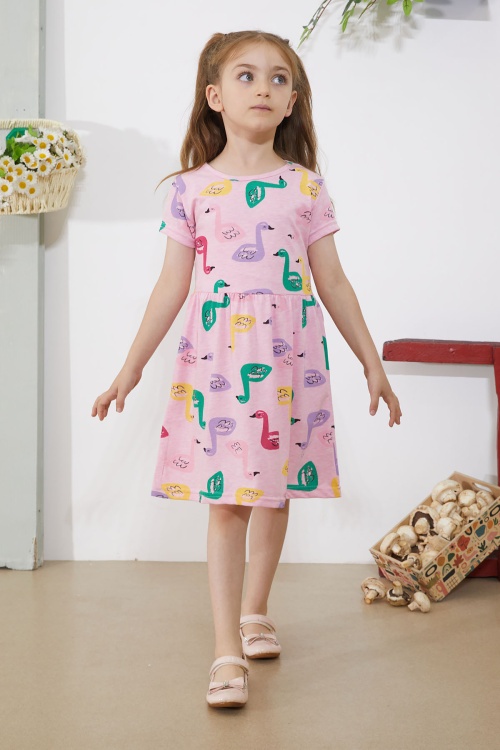 Pembe Kuğu Baskılı Kısa Kollu Kız Çocuk Yazlık Elbise