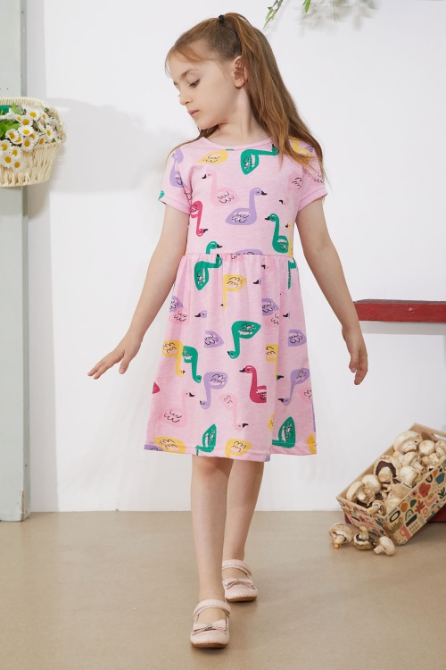 Pembe Kuğu Baskılı Kısa Kollu Kız Çocuk Yazlık Elbise