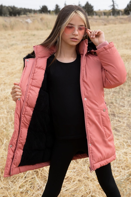 Pembe Kürklü İçi Astarlı Çıkarılabilir Kapüşonlu Kız Çocuk Mont 19055