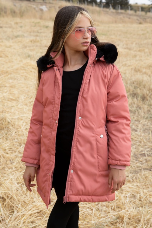 Pembe Kürklü İçi Astarlı Çıkarılabilir Kapüşonlu Kız Çocuk Mont 19055