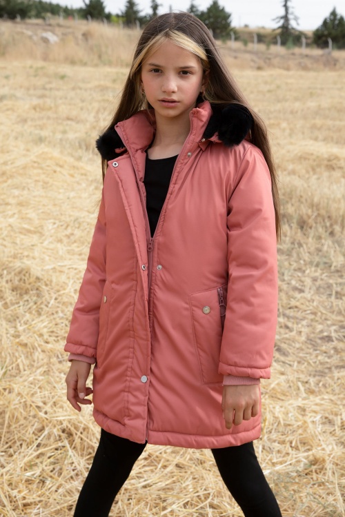 Pembe Kürklü İçi Astarlı Çıkarılabilir Kapüşonlu Kız Çocuk Mont 19055