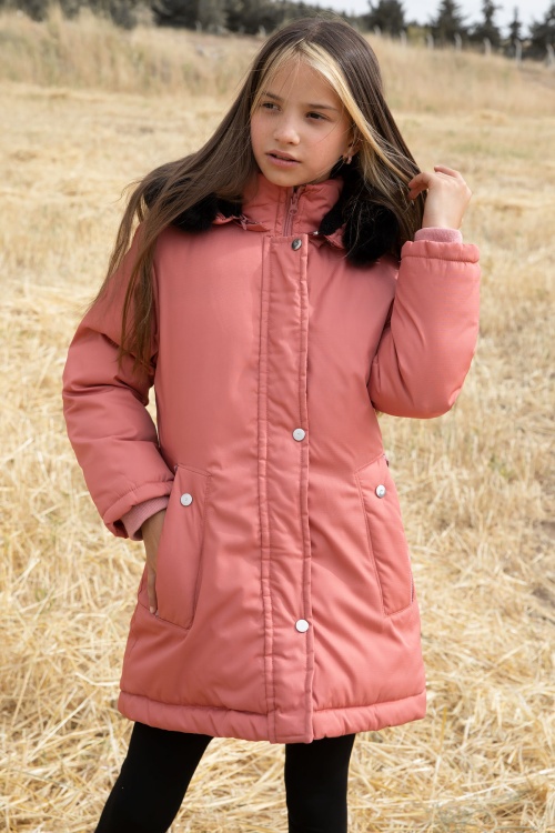 Pembe Kürklü İçi Astarlı Çıkarılabilir Kapüşonlu Kız Çocuk Mont 19055