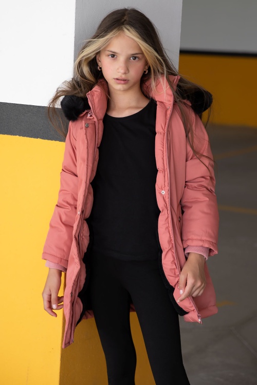 Pembe Kürklü İçi Astarlı Çıkarılabilir Kapüşonlu Kız Çocuk Mont 19055