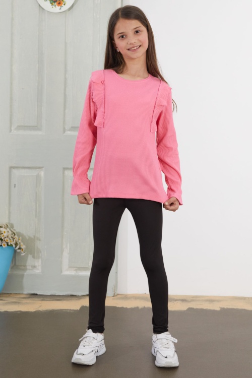 Pembe Omzu Fırfırlı Fitilli Kız Çocuk Uzun Kollu Badi 18763