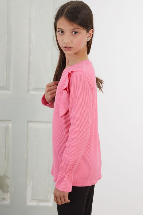 Pembe Omzu Fırfırlı Fitilli Kız Çocuk Uzun Kollu Badi 18763