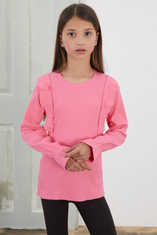 Pembe Omzu Fırfırlı Fitilli Kız Çocuk Uzun Kollu Badi 18763