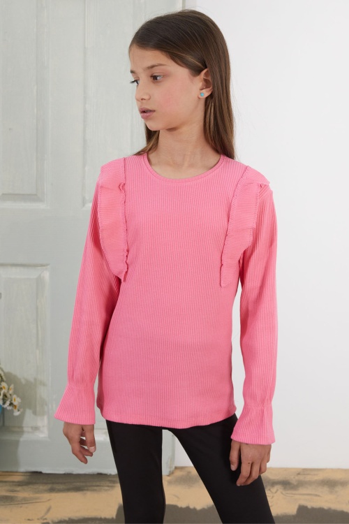 Pembe Omzu Fırfırlı Fitilli Kız Çocuk Uzun Kollu Badi 18763