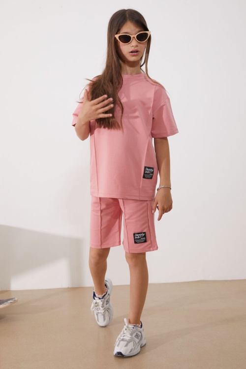 Pembe Oversize Tişörtlü Çımalı Kız Çocuk Şortlu Takım 18904