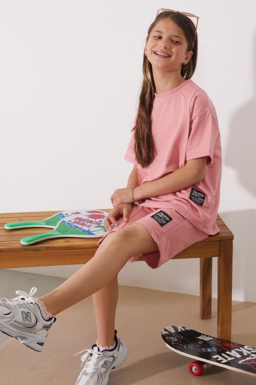 Pembe Oversize Tişörtlü Çımalı Kız Çocuk Şortlu Takım 18904