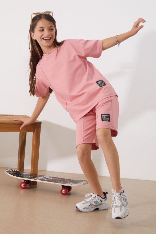 Pembe Oversize Tişörtlü Çımalı Kız Çocuk Şortlu Takım 18904