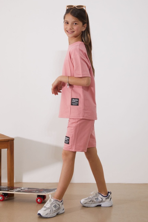 Pembe Oversize Tişörtlü Çımalı Kız Çocuk Şortlu Takım 18904