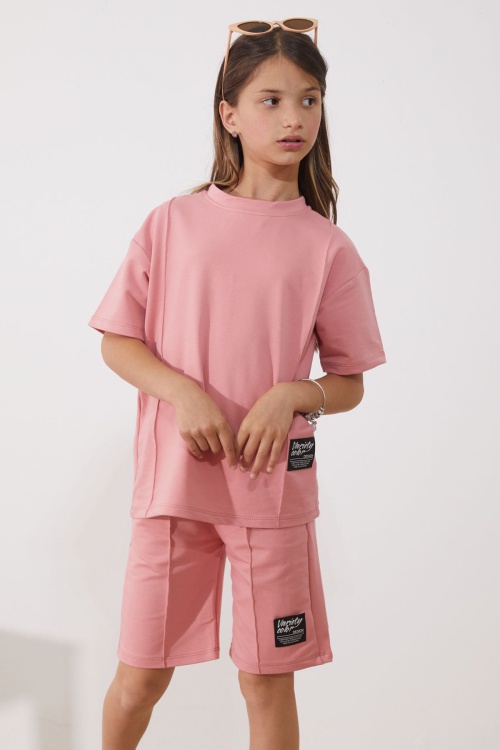 Pembe Oversize Tişörtlü Çımalı Kız Çocuk Şortlu Takım 18904