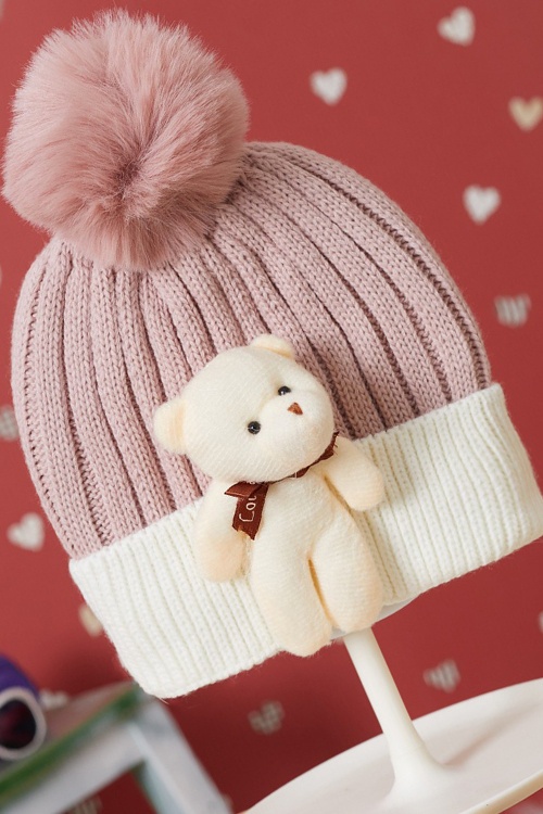 Pembe Sevimli Ayıcıklı Renkli Ponponlu Çocuk Bere 17232