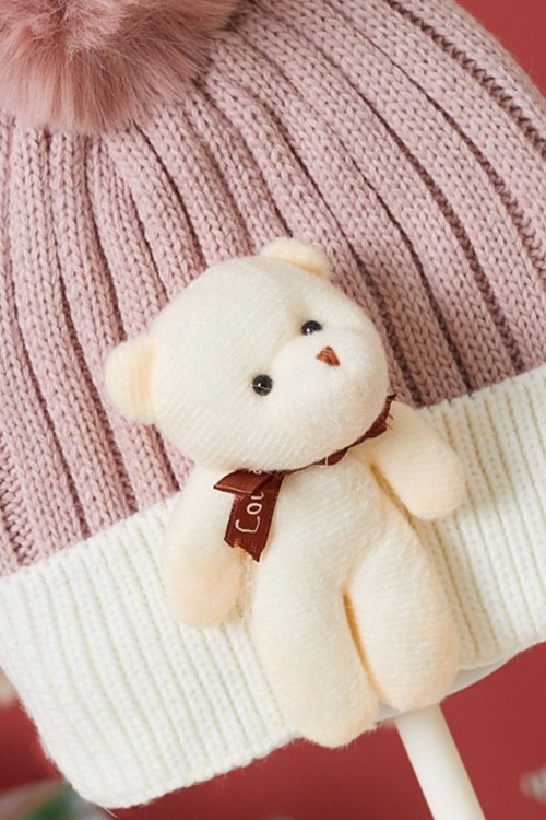 Pembe Sevimli Ayıcıklı Renkli Ponponlu Çocuk Bere 17232