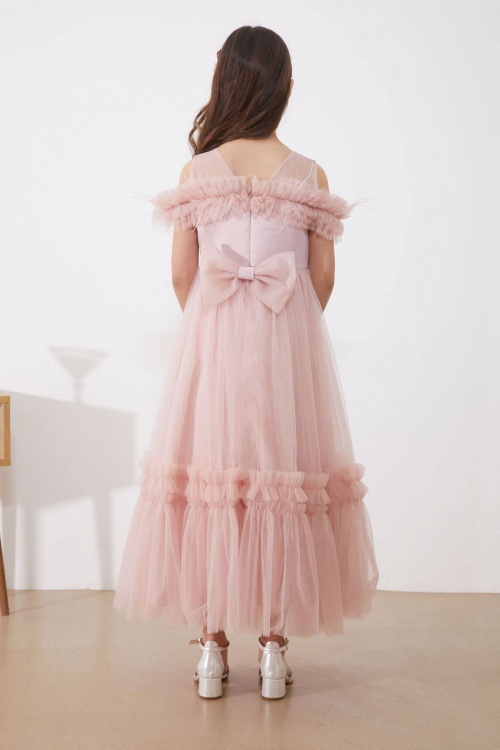 Pembe Taşlı Tüy Detaylı Kız Çocuk Tüllü Abiye Elbise