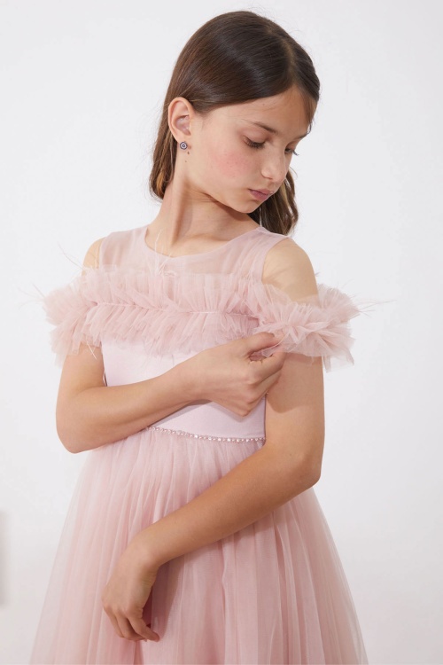 Pembe Taşlı Tüy Detaylı Kız Çocuk Tüllü Abiye Elbise