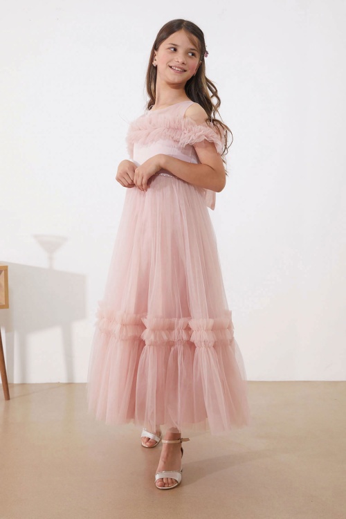 Pembe Taşlı Tüy Detaylı Kız Çocuk Tüllü Abiye Elbise
