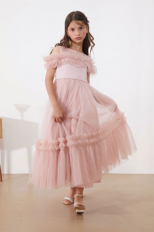 Pembe Taşlı Tüy Detaylı Kız Çocuk Tüllü Abiye Elbise