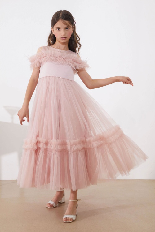 Pembe Taşlı Tüy Detaylı Kız Çocuk Tüllü Abiye Elbise