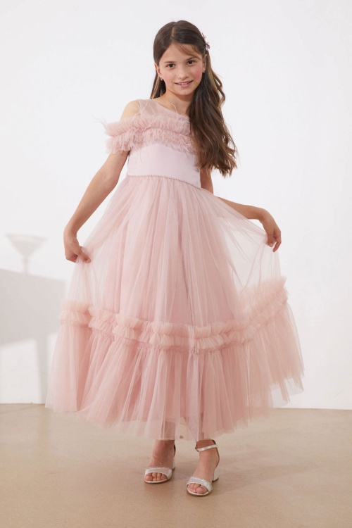 Pembe Taşlı Tüy Detaylı Kız Çocuk Tüllü Abiye Elbise
