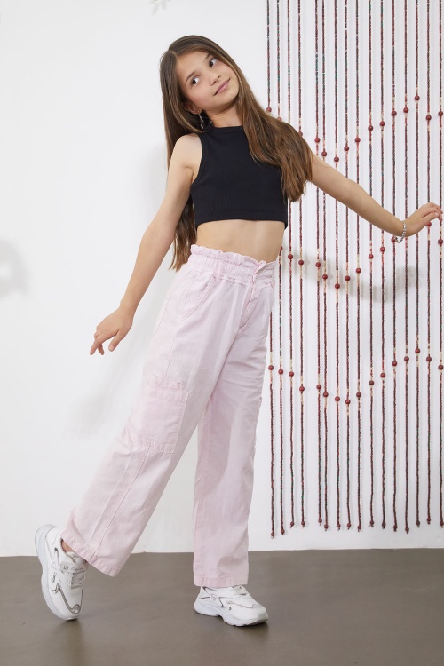 Pembe Yan Cepli Geniş Paça Kız Pantolon 18864