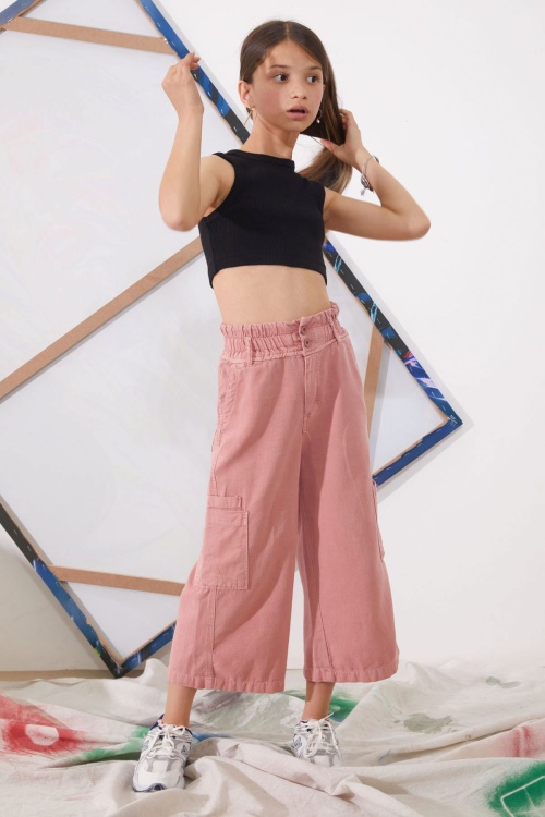 Pembe Yüksek Bel Armürlü Kız Çocuk Pantolon 18925