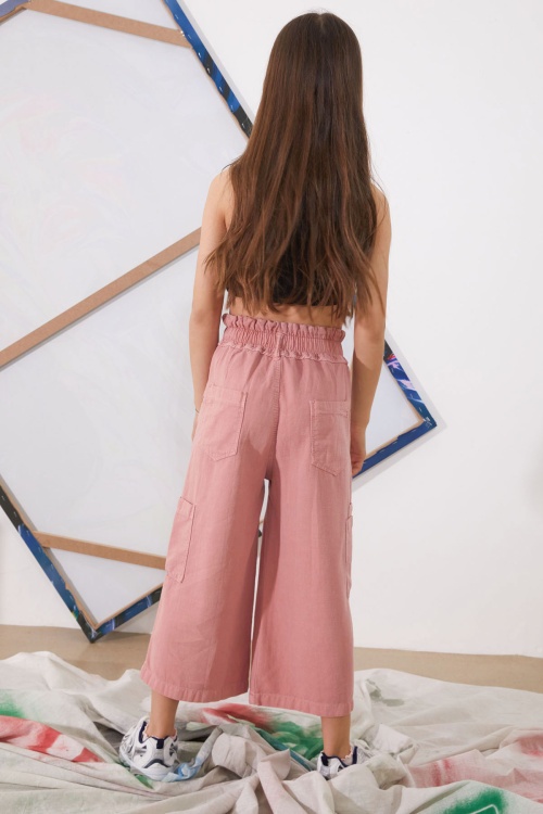 Pembe Yüksek Bel Armürlü Kız Çocuk Pantolon 18925