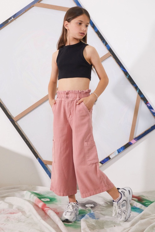 Pembe Yüksek Bel Armürlü Kız Çocuk Pantolon 18925