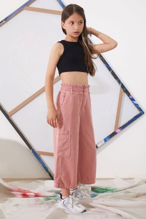 Pembe Yüksek Bel Armürlü Kız Çocuk Pantolon 18925