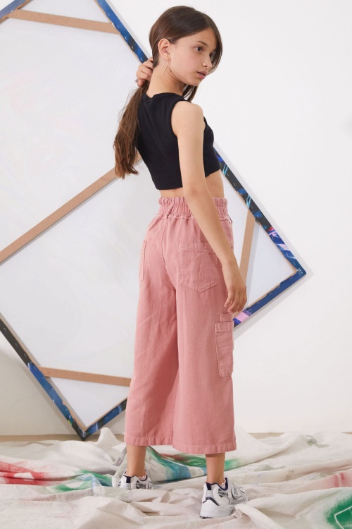 Pembe Yüksek Bel Armürlü Kız Çocuk Pantolon 18925