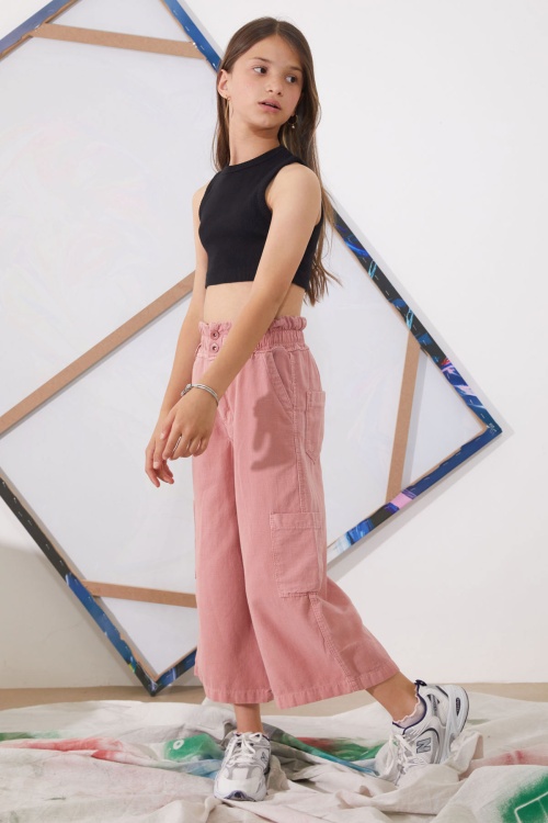 Pembe Yüksek Bel Armürlü Kız Çocuk Pantolon 18925