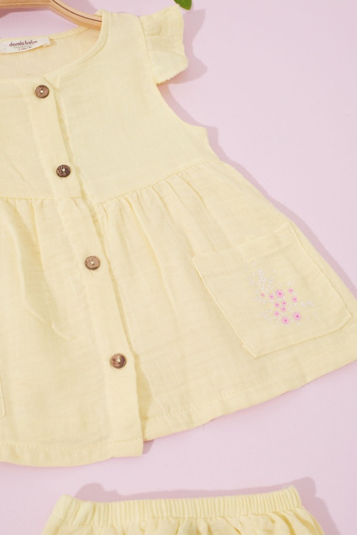 Sarı Çiçek Baskılı Düğmeli Kız Bebek Elbise Külotlu 18827