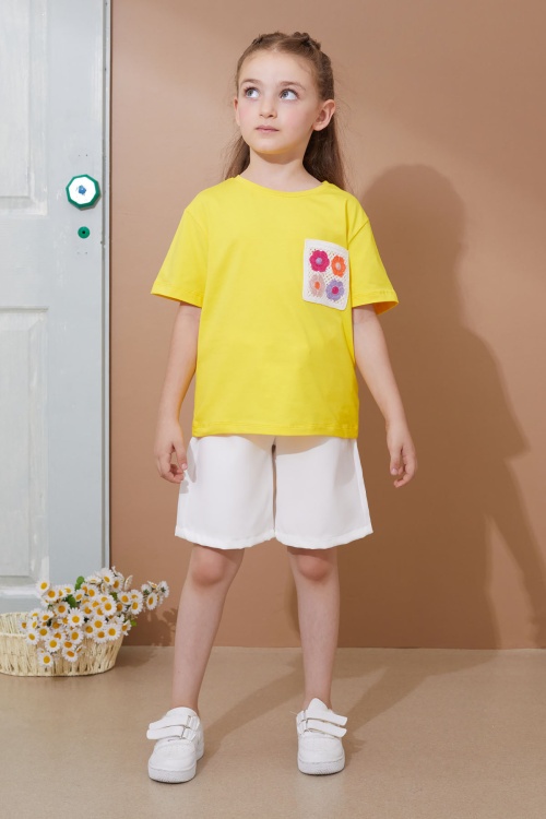 Sarı Çiçek Cep Detaylı Kuşaklı Şortlu Kız Çocuk Takım 18736