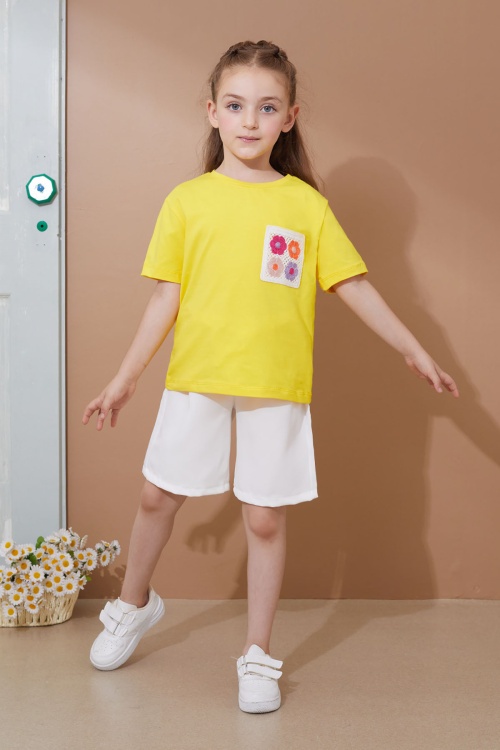 Sarı Çiçek Cep Detaylı Kuşaklı Şortlu Kız Çocuk Takım 18736