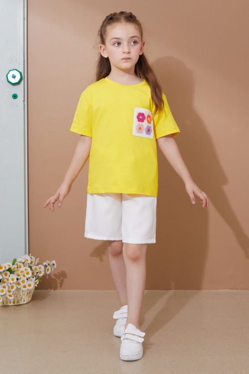 Sarı Çiçek Cep Detaylı Kuşaklı Şortlu Kız Çocuk Takım 18736