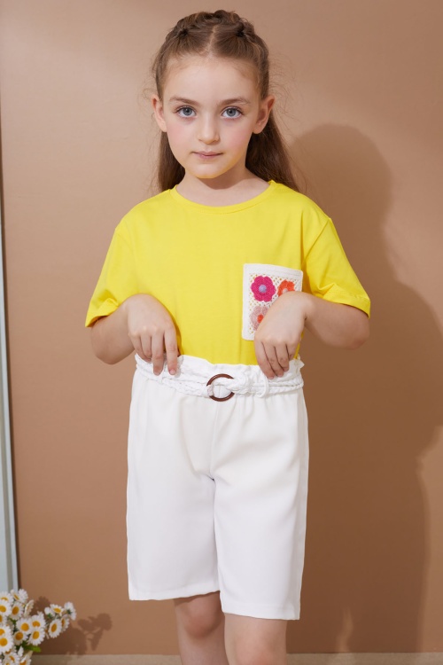 Sarı Çiçek Cep Detaylı Kuşaklı Şortlu Kız Çocuk Takım 18736