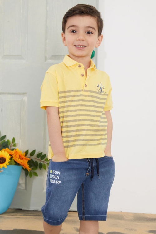 Sarı Çizgili Polo Yaka Tişörtlü Jean Şortlu Erkek Çocuk Takım 18751