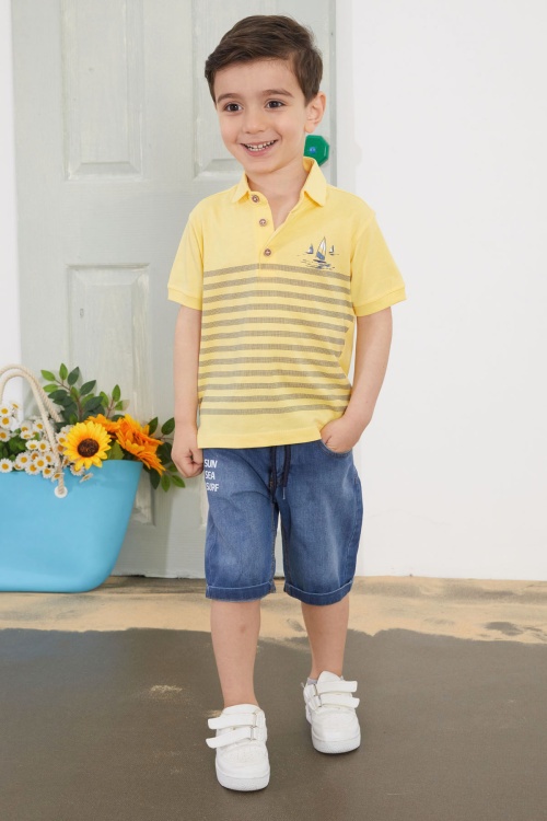 Sarı Çizgili Polo Yaka Tişörtlü Jean Şortlu Erkek Çocuk Takım 18751