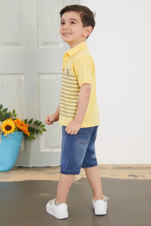 Sarı Çizgili Polo Yaka Tişörtlü Jean Şortlu Erkek Çocuk Takım 18751